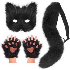 DRESHOW Faux Fur Fox Tail Cat Wolf Cosplay Costume Set Fluffy Plush Mask Paw Gloves Tail for Women Girls