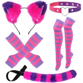 Pink Purple Striped Cat Costume Include Cat Ears Furry Tail Striped Socks for Halloween Dress up (Kid)