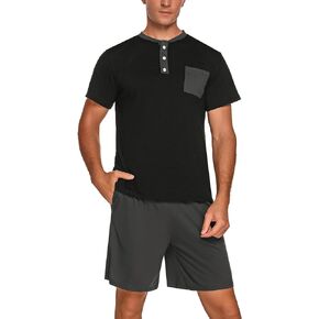 Men Short Sleeves Lounge Set 2 Pieces Sleepwear Cotton Pajamas Shorts Set