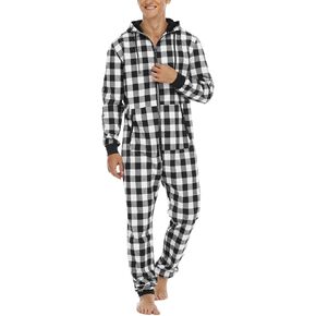 Lu's Chic Men's Long Sleeve Onesie Cozy One Piece Pajamas Cotton Buffalo Plaid Comfy Warm Hooded Winter Zipper Sleepwear