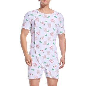 Mens Short Sleeve Bodysuit One Piece Pajamas Crotch Shirt Print Onesie Cotton Romper for Men