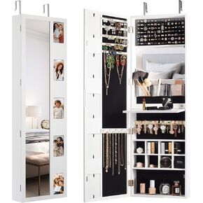 IRONCK Jewelry Armoire Cabinet Organizer with Full Length Mirror and Photo Frame, LED Jewelry Storage Cabinet Wall or Door Mounted, Built-in Mirror, Foldable Shelf, White