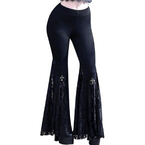 FEOYA Goth Flare Pants Punk Gothic Clothes for Women Lace Velvet Bell Bottom Leggings Black High Waist Emo Trousers
