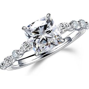 MOOSEA 1.5ct Cushion Moissanite Rings for Women, D Color VVS1 Clarity Lab Created Diamond Rings 14K White Yellow Rose Gold Vermeil Marquise and Round Side Stone Moissanite Engagement Rings for Women