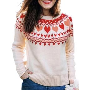 Women's Heart Crewneck Pullover Sweater Long Sleeve Knit Jumper Top Casual Cute Pattern Fall Winter Sweaters