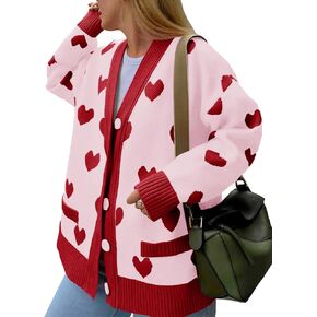 Saodimallsu Womens Oversized Heart Cardigan Color Block V Neck Button Long Sleeve Chunky Valentines Sweaters