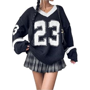 SOLY HUX Women's Y2k Oversized Sweater Number Graphic V Neck Drop Shoulder Long Sleeve Pullover Tops