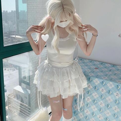 Harajuku Style Kawaii Goth Lolita Fashion Casual Elastic Waist Cute Lace Trim White Short Tiered Skirt in Saudi Arabia
