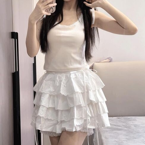 Harajuku Style Kawaii Goth Lolita Fashion Casual Elastic Waist Cute Lace Trim White Short Tiered Skirt in Saudi Arabia