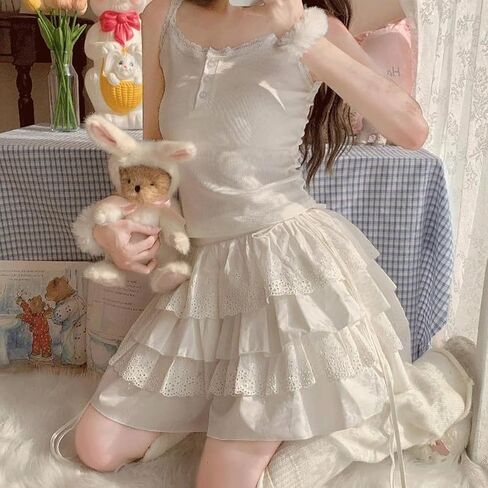 Harajuku Style Kawaii Goth Lolita Fashion Casual Elastic Waist Cute Lace Trim White Short Tiered Skirt in Saudi Arabia