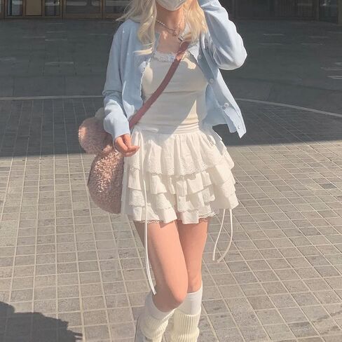 Harajuku Style Kawaii Goth Lolita Fashion Casual Elastic Waist Cute Lace Trim White Short Tiered Skirt in Saudi Arabia