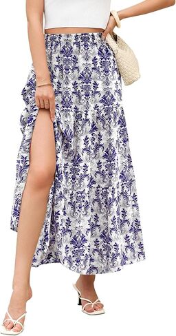 CFLONGE Floral Maxi Skirts for Women Summer Pleated High Waisted Casual Long Skirts with Pockets High Slit Boho Flowy Skirt in Saudi Arabia
