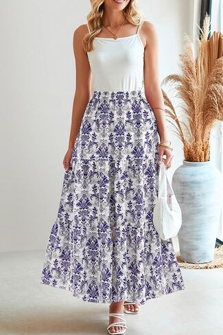 CFLONGE Floral Maxi Skirts for Women Summer Pleated High Waisted Casual Long Skirts with Pockets High Slit Boho Flowy Skirt in Saudi Arabia