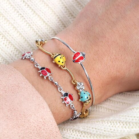 Good Luck Lucky Garden Red Colorful 5 Multi Ladybug Dangling Charm Bracelet For Teens .925 Sterling Silver 6-7.5 Inch Wrist in Saudi Arabia