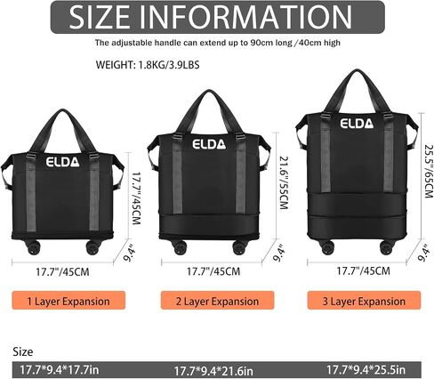 ELDA Foldable Duffle Bag Rolling for Men Women Carry on Expandable Luggage with Detachable Wheel, Trolley Sleeve for Weekend in Saudi Arabia