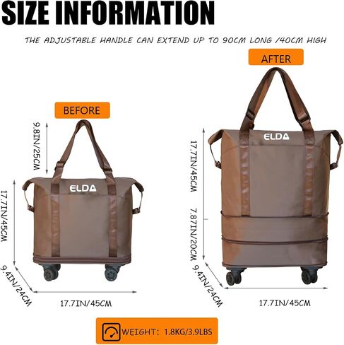 ELDA Foldable Duffle Bag Rolling for Men Women Carry on Expandable Luggage with Detachable Wheel, Trolley Sleeve for Weekend in Saudi Arabia