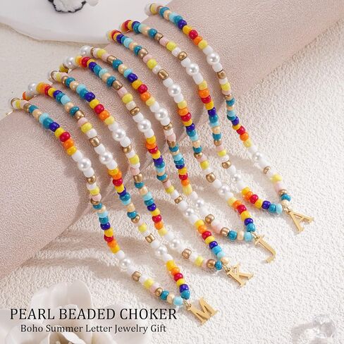 JSJOY Colorful Beaded Initial Necklaces for Women Beaded Choker y2k Rainbow Beaded Necklace Gold Tiny Letter A-Z Pendant Handmade Colorful Necklace Jewelry Gifts for Teen in Saudi Arabia