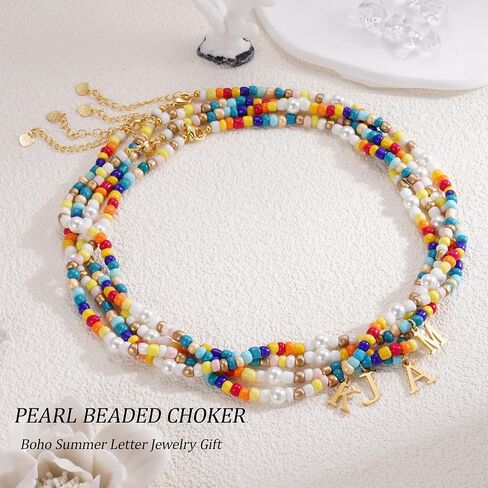 JSJOY Colorful Beaded Initial Necklaces for Women Beaded Choker y2k Rainbow Beaded Necklace Gold Tiny Letter A-Z Pendant Handmade Colorful Necklace Jewelry Gifts for Teen in Saudi Arabia
