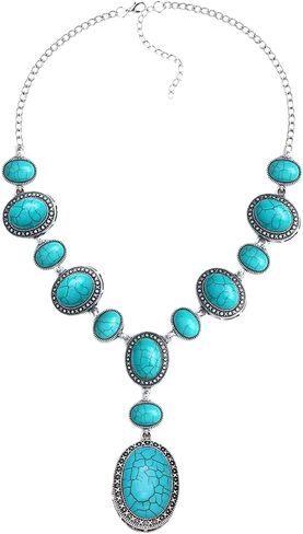 COLORFUL BLING Boho Imitation Turquoise Collar Bib Necklace Blue Stone Beads Strand Pendant Choker Necklaces for Women Bohemian Turquoise Jewelry in Saudi Arabia