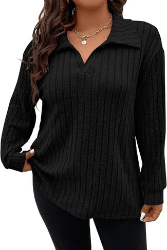 Koscacy Women Plus Size Casual Knit Sweater Lapel V Neck Solid Color Tops Lightweight Long Sleeve Blouses in Kuwait