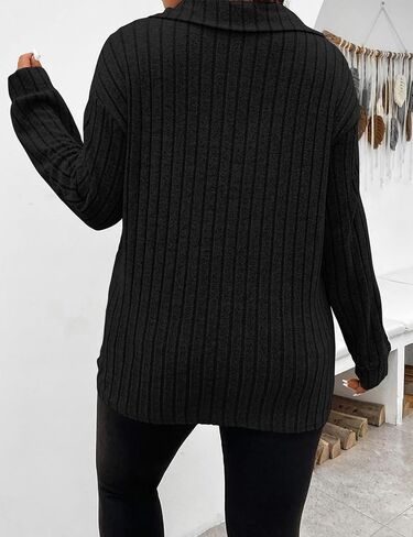 Koscacy Women Plus Size Casual Knit Sweater Lapel V Neck Solid Color Tops Lightweight Long Sleeve Blouses in Kuwait