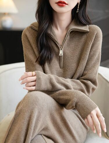 المرأة 100% ميرينو سترة صوف 2024 خريف شتاء 1/4 البريدي البلوز عادية كم طويل متماسكة سترة القمم in Kuwait