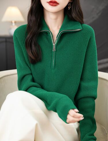 المرأة 100% ميرينو سترة صوف 2024 خريف شتاء 1/4 البريدي البلوز عادية كم طويل متماسكة سترة القمم in Kuwait