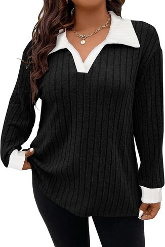 Koscacy Women Plus Size Casual Knit Sweater Lapel V Neck Solid Color Tops Lightweight Long Sleeve Blouses in Kuwait
