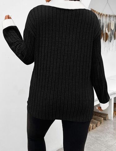Koscacy Women Plus Size Casual Knit Sweater Lapel V Neck Solid Color Tops Lightweight Long Sleeve Blouses in Kuwait