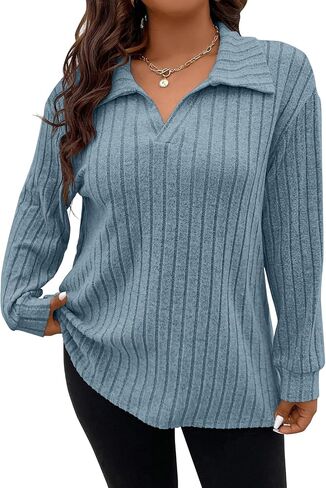Koscacy Women Plus Size Casual Knit Sweater Lapel V Neck Solid Color Tops Lightweight Long Sleeve Blouses in Kuwait