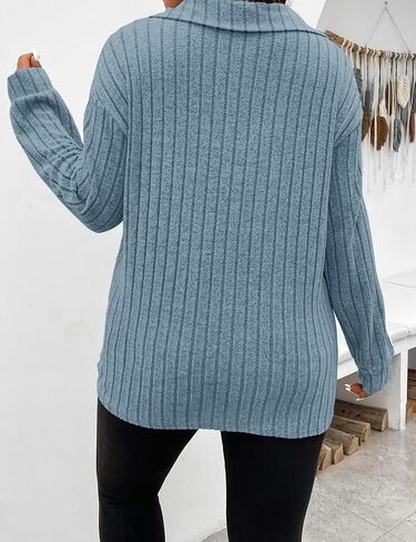 Koscacy Women Plus Size Casual Knit Sweater Lapel V Neck Solid Color Tops Lightweight Long Sleeve Blouses in Kuwait