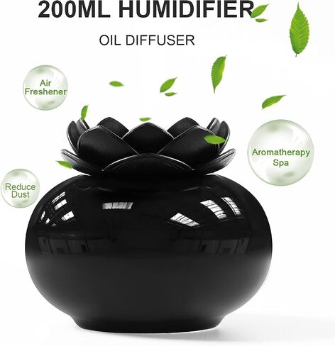 Essential Oil Diffusers Ceramic Diffuser: WinDawn Small Aromatherapy Defusers for Bedroom Home Office, Cute Lotus Decorative Auto Shut-Off - Black in Saudi Arabia