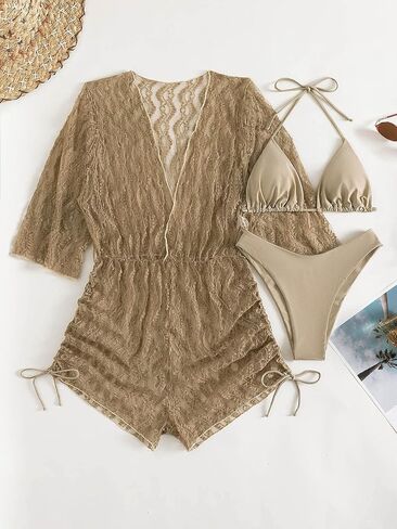 LATH.PIN Women’s 3 Piece Bikini Sets with Coverup Triangle Halter Sexy Swimsuit Sets with Sheer Mesh Bathing Suit Cover Ups in Saudi Arabia