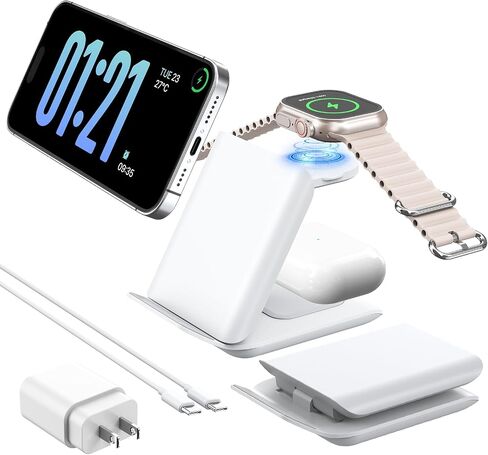 Wireless Charger Stand, 3 in 1 Foldable Fast Charging Station for Apple Multiple Devices, Compatible with iPhone 15/14/13/Pro Max/Pro/Plus/Mini, for AirPods 2/3/Pro, Watch Ultra/9/8/7/SE/6/5/4 in Saudi Arabia