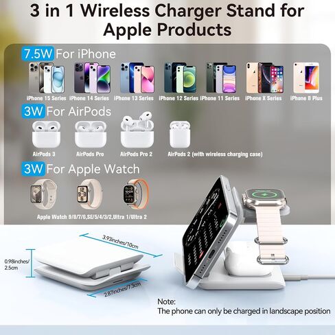 Wireless Charger Stand, 3 in 1 Foldable Fast Charging Station for Apple Multiple Devices, Compatible with iPhone 15/14/13/Pro Max/Pro/Plus/Mini, for AirPods 2/3/Pro, Watch Ultra/9/8/7/SE/6/5/4 in Saudi Arabia