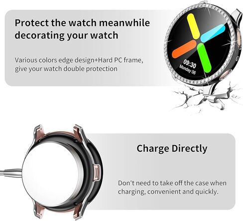GEAK متوافق مع حافظة ساعة Samsung Active 2 مقاس 40 مم 44 مم مع واقي شاشة، غطاء حماية كامل من الألماس الكريستالي اللامع مع تصميم بحافة فضية وذهبية وردية للنساء والفتيات لساعة Galaxy Active 2 in Kuwait