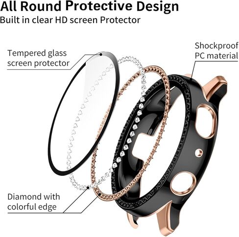 GEAK متوافق مع حافظة ساعة Samsung Active 2 مقاس 40 مم 44 مم مع واقي شاشة، غطاء حماية كامل من الألماس الكريستالي اللامع مع تصميم بحافة فضية وذهبية وردية للنساء والفتيات لساعة Galaxy Active 2 in Kuwait