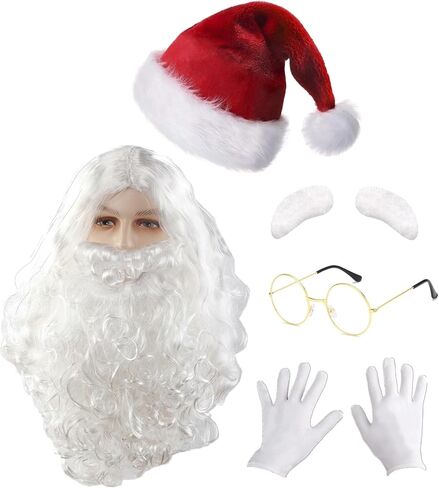 Christmas 6PCS Santa Costume Set, White Santa Wig Santa Beard Santa Hat Glasses Gloves and Eyebrow for Men Women Xmas Holiday Santa Costume Accessories Cosplay Party in Saudi Arabia