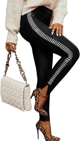 Women's High Elastic Waist Sparkly Glitter Leggings Rhinestone Sequin Side Skinny Pants Tights in Saudi Arabia