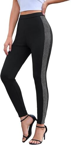 Women's High Elastic Waist Sparkly Glitter Leggings Rhinestone Sequin Side Skinny Pants Tights in Saudi Arabia