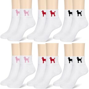 Wesiti 6 Pairs 50s Women Bobby Socks with Poodle Applique Cute Poodle Socks 50s Socks for Retro Party