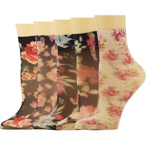 YFUNNLE 5Pairs Womens Ankle Sheer Socks Floral Cute Nylon Mesh Transparent Socks for Women Size 5-8