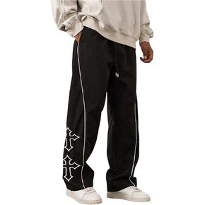 Men's Cross Graphic Track Pants Y2k Drawstring Waist Stacked Joggers with Pocket