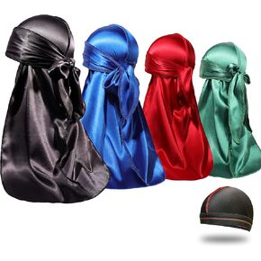 4PCS Silky Durags for Men Women 360 Waves with 1 Wave Cap, Silky Satin Durag Extra Long Tails