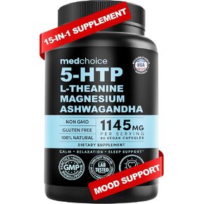 15-in-1 5HTP Mood Support Supplement – 5HTP 200mg Capsules with L-Theanine, Magnesium, Ashwagandha, GABA Supplements with L-Tryptophan, Anxiety Supplements, St. John's Wort - 1145mg – 90 Count