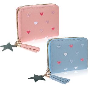2 Pcs Small Womens Wallet Card Holder for Girls Cute Purse Wallet Leather Pocket Wallet Slim Coin Purse Zipper with Card Slots Credit Card Holder Star Tassel Pendant Mini Slim Wallet Travel Blue Pink