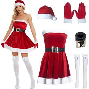 Christmas Dress Women Santa Clause Costume with Santa Belt Gloves, Hat, Bow Knee Socks