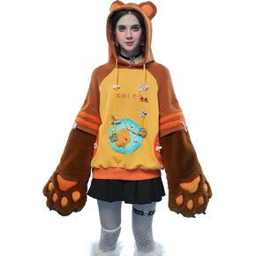Womens Pullover Hoodie with Detachable Bag Design Furry Cat Paw Gloves Honey Bear Style