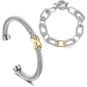TAYASE 2 Pcs Cuff Bracelet for Women Cable Wire - Gold and Silver Chain Bangle Bracelets - Two Tone Circle Link Bracelets Silver Chain Bracelet Jewelry Gifts