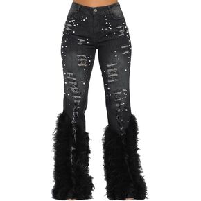 Tbahhir Women's Skinny Ripped Jeans Pearl Distressed Stretchy High Waisted Tassels Slim Fit Denim Pants Y2K Streetwear